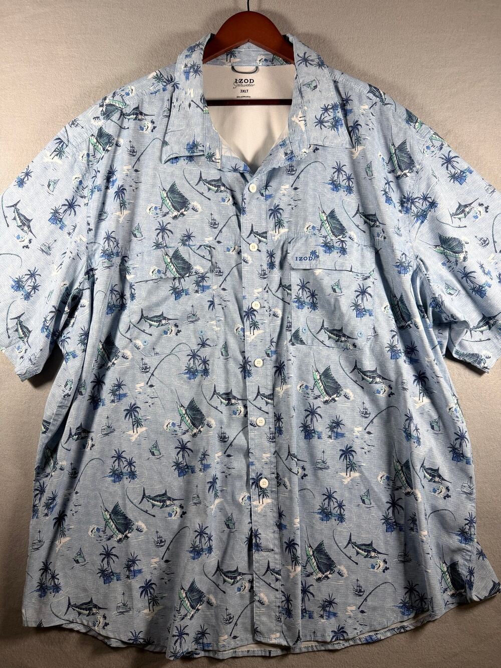 IZOD Saltwater Men’s Fishing Shirt 3XLT Blue Marlin Print Short Sleeve Vented